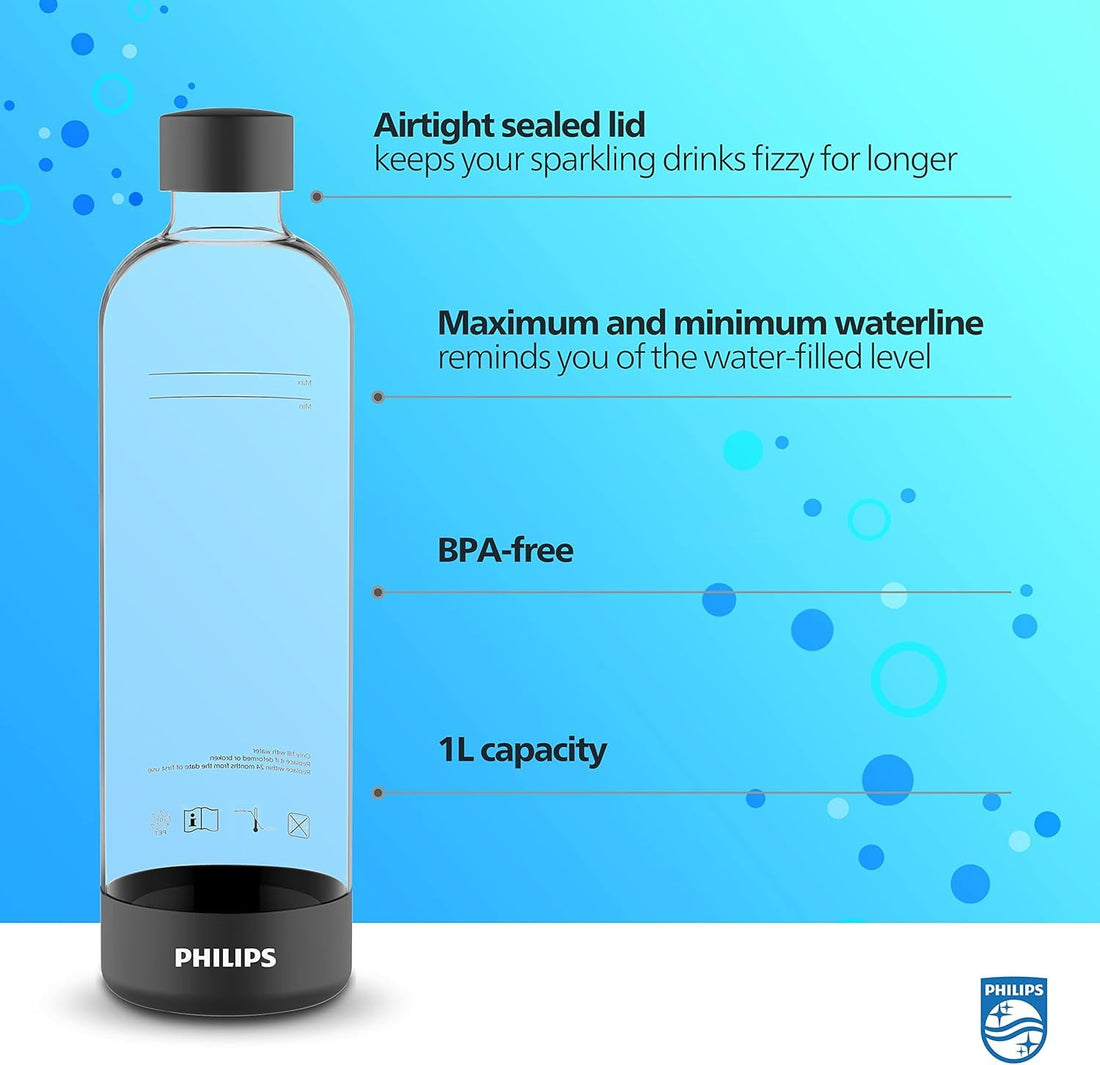 PHILIPS Carbonating Bottles, 1L Twin Pack Reusable PET Sparkling Water Bottles 2 Pack, Black