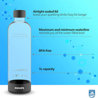 PHILIPS Carbonating Bottles, 1L Twin Pack Reusable PET Sparkling Water Bottles 2 Pack, Black