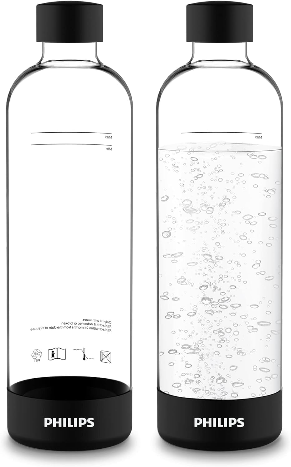 PHILIPS Carbonating Bottles, 1L Twin Pack Reusable PET Sparkling Water Bottles 2 Pack, Black
