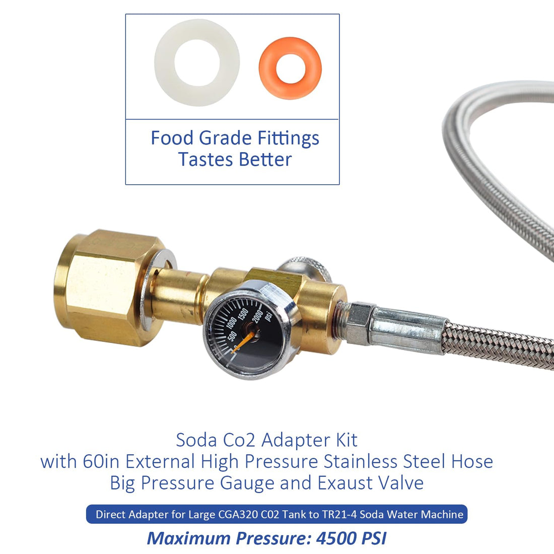 Soda Adapter Hose Kit with 60in Stainless Steel Hose Pressure Gauge and Exhaust Valve,CGA320 to TR21-4 for Soda Maker CO2 Tank Cylinder Direct Adapter
