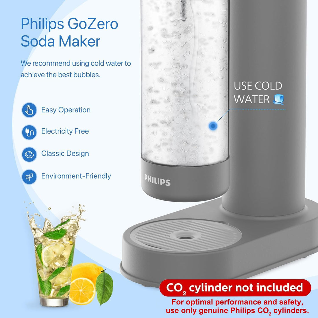 PHILIPS Sparkling Water Maker Soda Maker Soda Streaming Machine Quick Twist with 1L Carbonating Bottle, CO2 Carbonator(NOT Included)