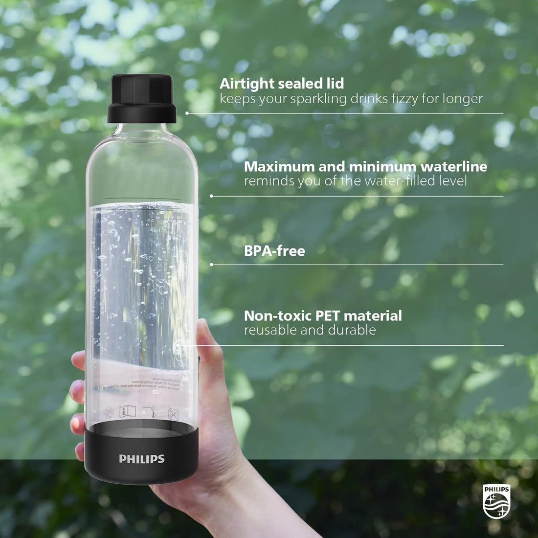 PHILIPS Carbonating Bottles ADD910BKOQ/37, 1L Twin Pack Reusable PET Water Bottles Compatible Sparkling Water Maker, 2 Pack