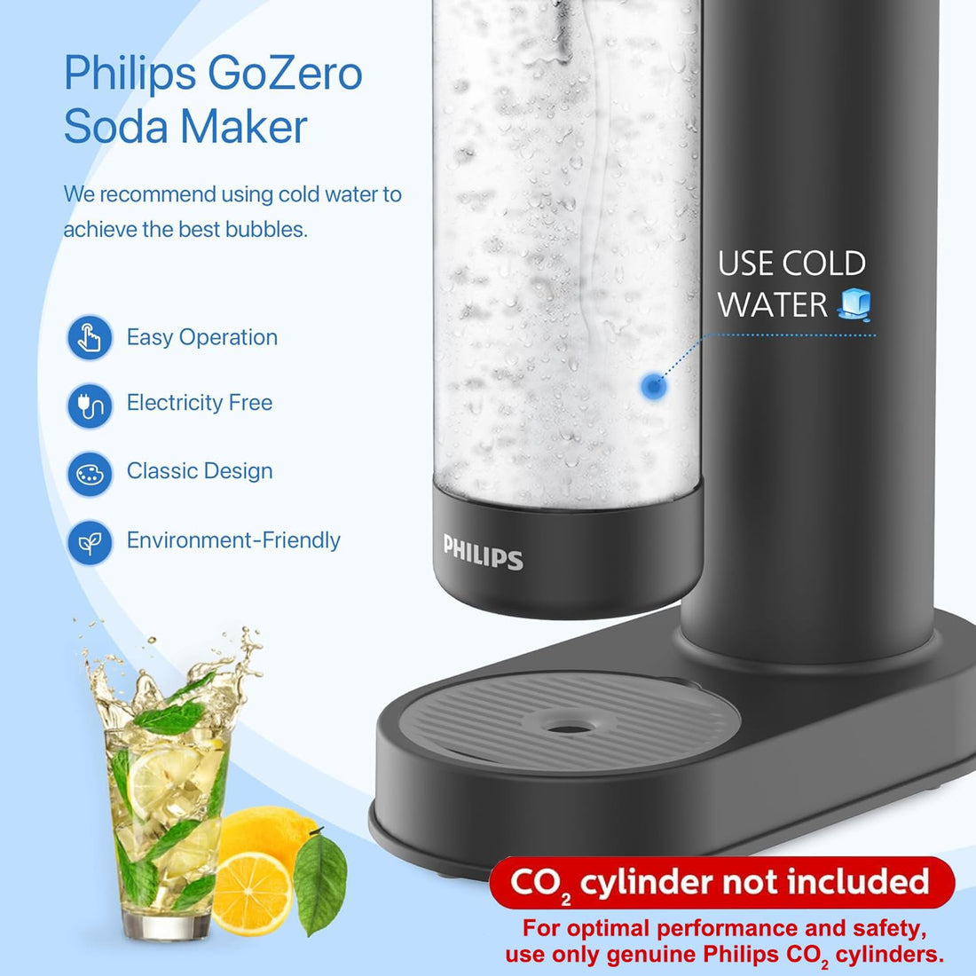PHILIPS Sparkling Water Maker Soda Maker Compatible with Any Screw-in 60L CO2 Carbonator(NOT Included),black