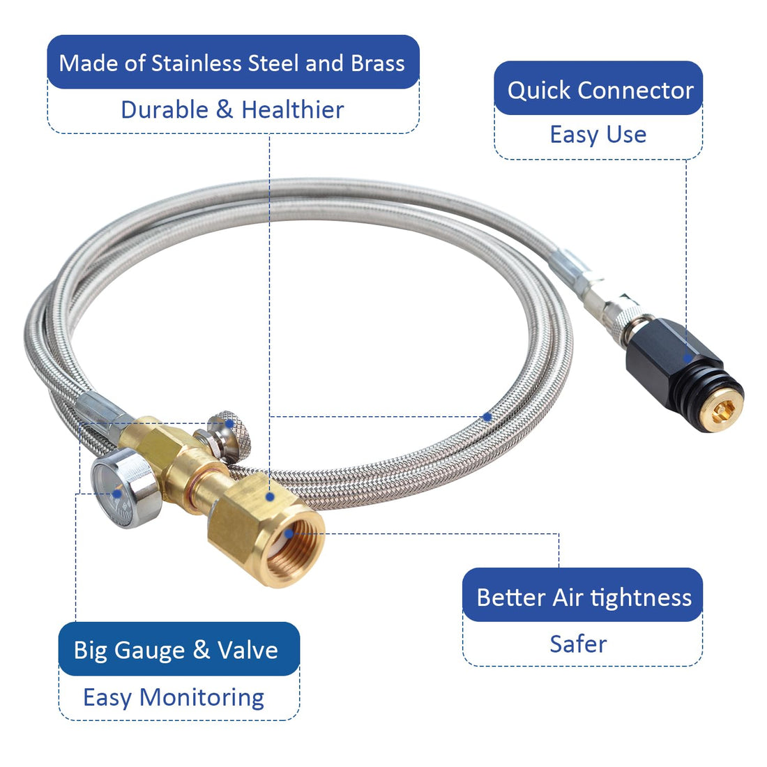 Soda Adapter Hose Kit with 60in Stainless Steel Hose Pressure Gauge and Exhaust Valve,CGA320 to TR21-4 for Soda Maker CO2 Tank Cylinder Direct Adapter