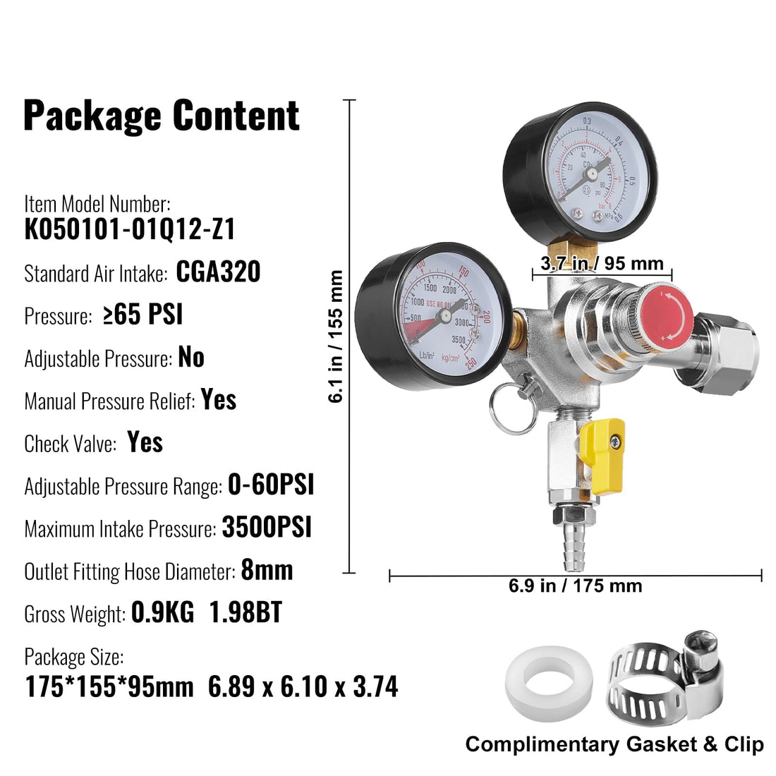 VEVOR Double Gauge Regulator, CO2 Regulator Gauge with 0-60PSI, Draft Beer Regulator , CGA320