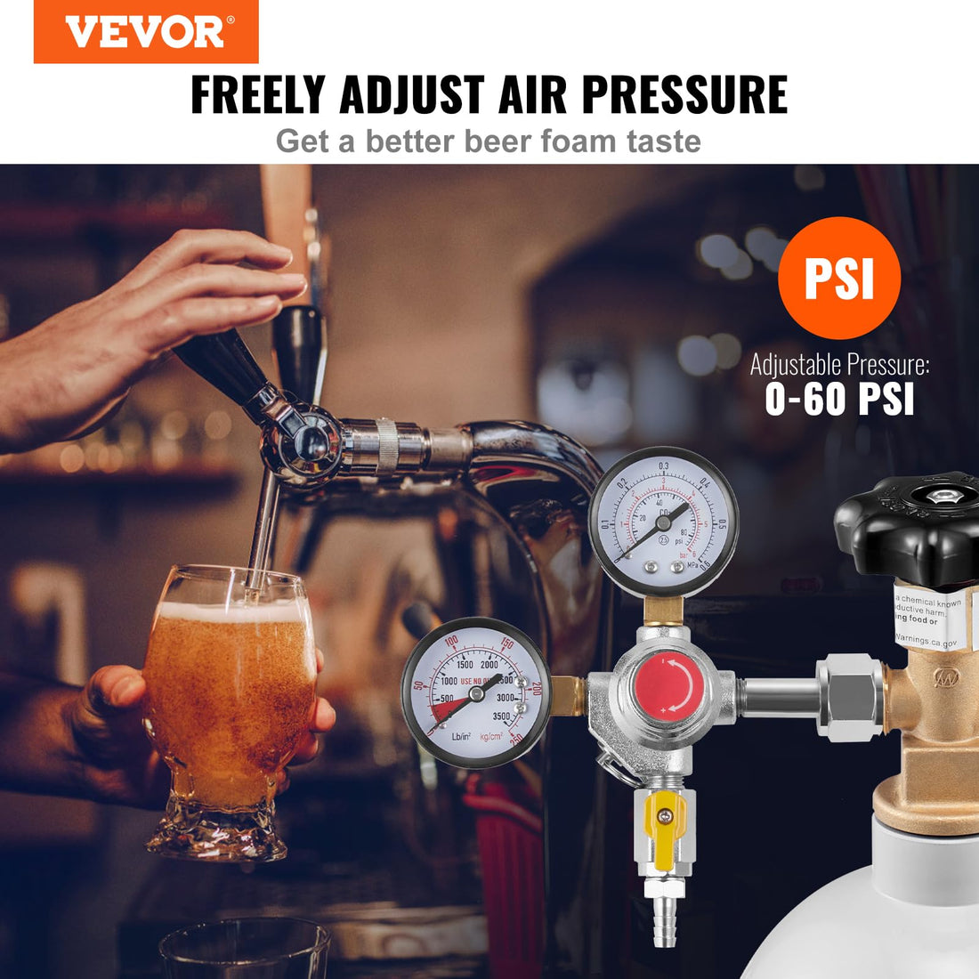 VEVOR Double Gauge Regulator, CO2 Regulator Gauge with 0-60PSI, Draft Beer Regulator , CGA320